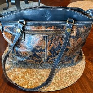 Patricia Nash Navy and Brown Floral Leather Shoulder Bag